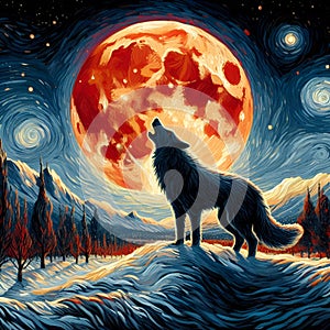 A silhouette of a charming wolf, againts red blood-moon, its howl echoing through a stark, snow covered landscape, painting art