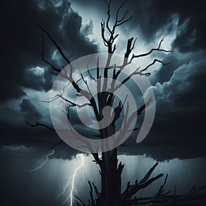 Silhouette of charred tree against storm and lightning