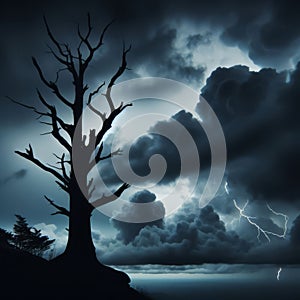 Silhouette of charred tree against storm and lightning