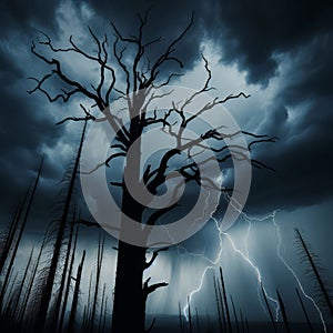 Silhouette of charred tree against storm and lightning