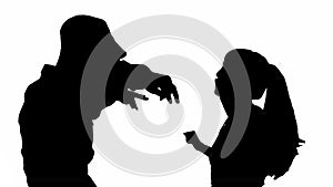 Silhouette of a cheerful dancing couple. black and white mask