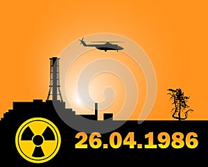 Silhouette of the Chernobyl nuclear power plant on an orange background