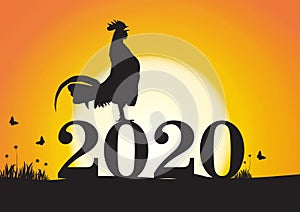 Silhouette of chicken crowing on number 2020 on bright sunrise background, new year celebration concept