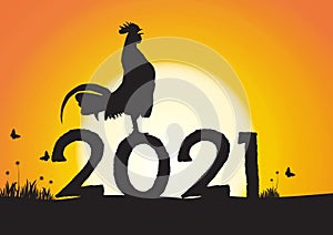 Silhouette of chicken crowing on number 2021 on sunrise background, new year celebration concept vector illustration