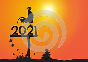 Silhouette of chicken crowing on number 2021 on sunrise background, new year celebration concept vector illustration