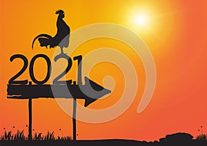 Silhouette of chicken crowing on number 2021 on sunrise background, new year celebration concept vector illustration