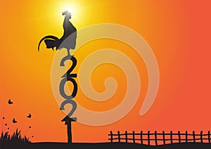 Silhouette of chicken crowing on number 2021 on sunrise background, new year celebration concept vector illustration