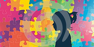 Silhouette of a child against a vibrant puzzle background, symbolizing the complexities of child psychology and photo