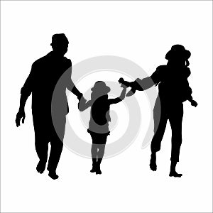 silhouette of a child with both parents, happy small family, on a white background