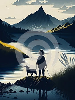 silhouette of a child with a dog in nature,Generative Ai illustation