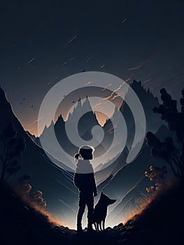 silhouette of a child with a dog in nature,Generative Ai illustation