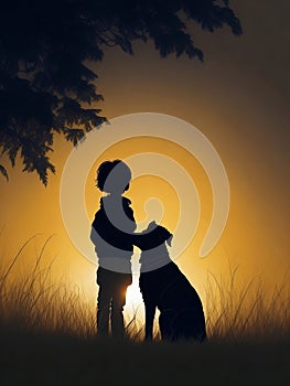 silhouette of a child with a dog in nature,Generative Ai illustation