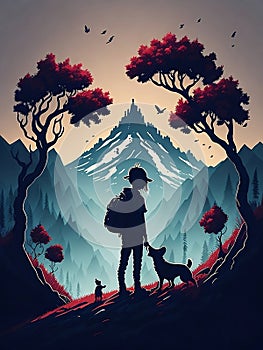 silhouette of a child with a dog in nature,Generative Ai illustation