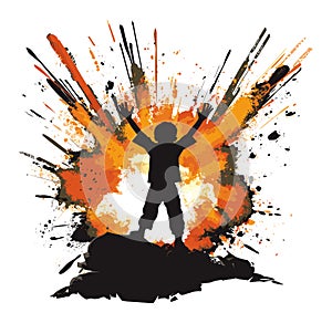 Silhouette of child jumping with arms raised against colorful paint splatter background. Joyful kid celebrating with