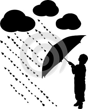 Silhouette child with umbrella, vector