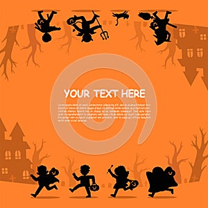 Silhouette of Children in Halloween fancy dress to go Trick or Treating.Template for advertising brochure. Happy Halloween