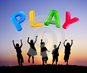 Silhouette of Children Playing Balloons Outdoors