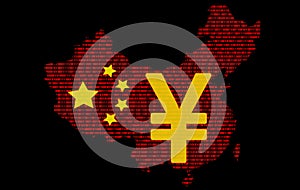 Silhouette of a China map made of binary code with the symbol of the Chinese digital yen, on a black background. China Digital