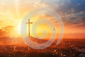 silhouette christian cross on grass in sunrise