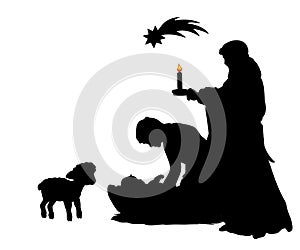 Silhouette Christmas family father Joseph mom Maria with baby Je