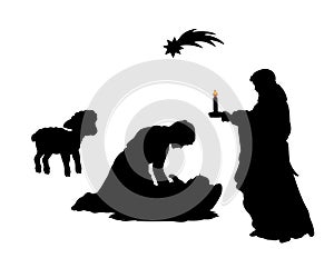 Silhouette Christmas family father Joseph mom Maria with baby Je