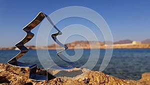 the silhouette of a Christmas tree on the background of the beach of the sea . winter holidays at sea