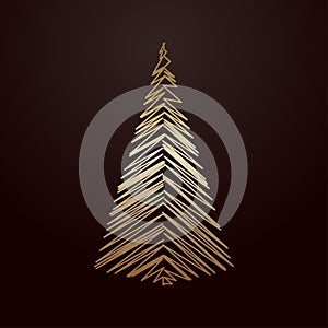 Silhouette of a Christmas tree with diagonal geometric lines on a dark brown background.  Vector illustration.