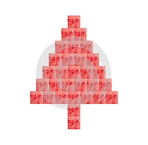 Silhouette of a Christmas tree made of red gift boxes. Isolated, white background. 3D rendering