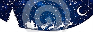 Silhouette of christmas tree and santa claus in sleigh, winter night snowfall background. Christmas banner, card for new