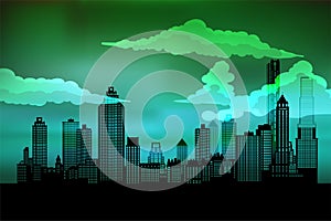 Silhouette of the city. Cityscape background. Urban landscape. For banner or template. Modern city with layers.