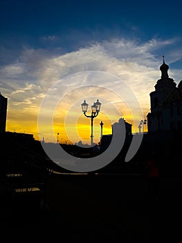The silhouette of the city of Minsk at sunset.