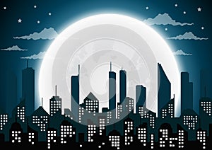 Silhouette of the city and night with full moon at the sky