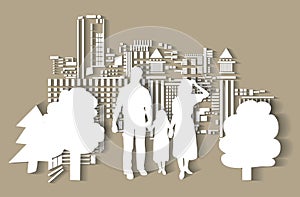 Silhouette city people family flat.