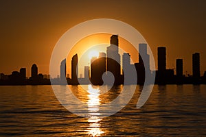 Silhouette of a city skyline at sunset reflecting in water.
