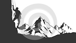 Silhouette of the climber who is climbing up the mountain against the ridge