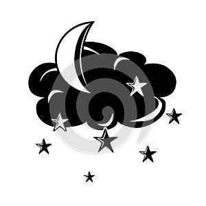 Silhouette of cloud and moon with stars, vector illustration on white background.