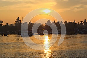 Silhouette of coconut palm, fishermen and sunbeams on beach at sunrise Mirissa