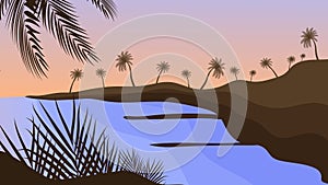 Silhouette coconut palm trees on beach at sunset. Vintage tone. Vector of Palm Trees on and Island at Sunset