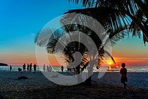 Silhouette of Coconut Tree in the beach during sunset and sky burst, colorful orange and blue sky at Koh Kood