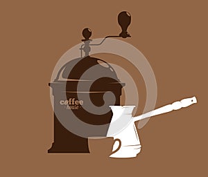 Silhouette of a coffee grinder, cezve and mug, coffee time, vector illustration