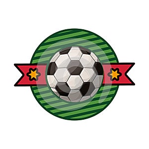 Silhouette color emblem with soccer ball and ribbon in middle