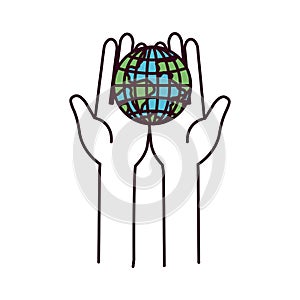 Silhouette color sections front view hands holding in palms a earth globe world charity symbol