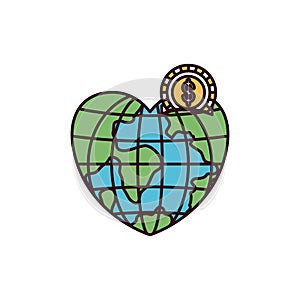 Silhouette color sections money box in globe earth world in heart shape with coin with dollar symbol