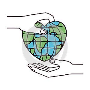 Silhouette color sections side view of palm human holding a earth globe world in heart shape to deposit in other hand