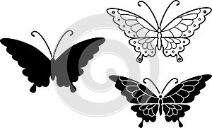 Silhouette and coloring page of flying butterfly