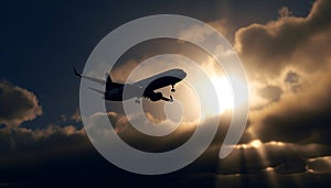Silhouette of commercial airplane taking off into dramatic sunset sky generated by AI