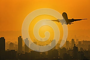 Silhouette of commercial plane flying over a city during with skylight sunset with copy space for text