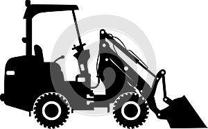 Silhouette of Compact Skid Steer Loader with Bucket and Wheels Icon in Flat Style. Vector Illustration