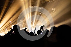 Silhouette of a concert crowd. The audience looks towards the stage