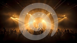 Silhouette of concert crowd in front of bright stage lights. Dark background, smoke, concert spotlights, disco ball. Crowd at